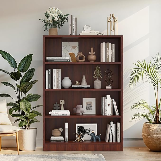 Farini 48 Inch Tall 4-Shelf Bookcase, Wood Bookshelf Storage Organizer Adjustable Shelf for Home Office, Study Room, Easy Assembly,Mahogany