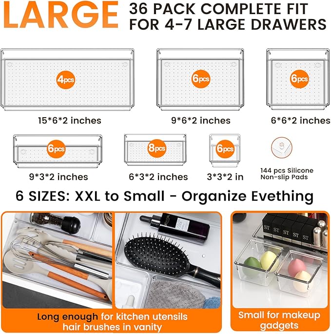 Criusia 36 Pack Large Clear Plastic Drawer Organizer Bins - 6 Size Acrylic Kitchen Drawer Organization and Storage for Utensils Gadgets, Office Bathroom and Vanity Organizer for Makeup Accessoires-NeatNest