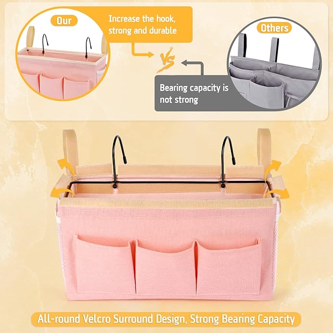 Bedside Caddy Bedside Organizer Bedside Storage Caddy with Fixed Straps and Water Bottle Holder for Home College Dorm Bunk Bed Hospital Bed Crib Bed Rails (2pcs Pink)-NeatNest