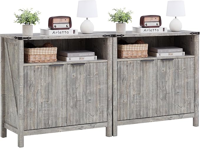 32 Inch Fluted Sideboard Buffet Cabinet with Storage, Modern Farmhouse Accent Credenza with Adjustable Shelves, Coffee Wine Bar Organizer for Kitchen, Living Room (Grey, Set of 2)