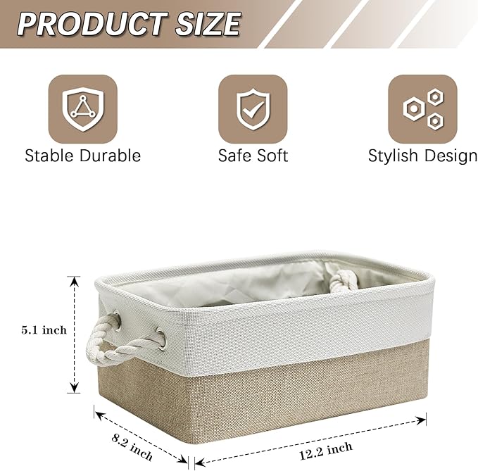 Fabric Storage Bins, 3 Pack Foldable Cube Baskets with Rope Handles, Large Collapsible Storage Cubes for Home, Office, Closet, Clothes, Books Organizer. (Khaki and White, 3PCS/12.2*8.2*5.1inch)-NeatNest