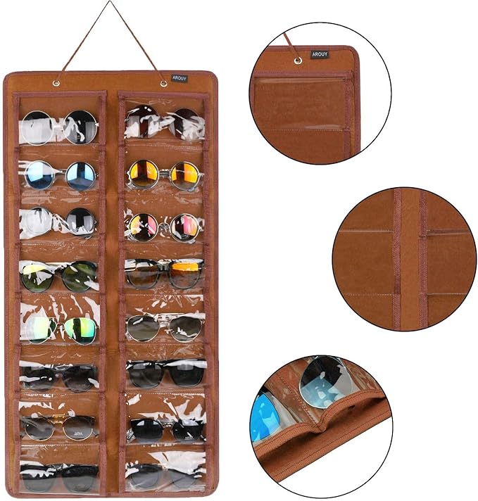 AROUY Sunglasses Organizer - Hanging Wall Pocket with 16 Felt Slots, Metal Hook and Sturdy Rope (Brown, Dust Proof)-NeatNest