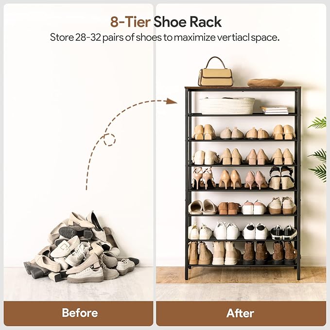 8-Tier Shoe Rack, Large Capacity Shoe Shelf, Shoe Organizer for Entryway, 28-32 Pairs of Shoes, Stable Sturdy, Tall Shoe Rack with Adjustable Metal Mesh Shelves, Rustic Brown SRHR1801Z-NeatNest
