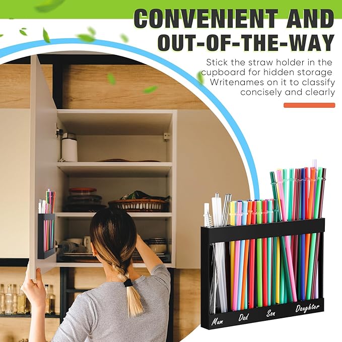 Acrylic Straw Holder for Cabinet Door with Double Sided Adhesive Tape Reusable Straw Organizer Tumbler Storage Kitchen Accessories Container for Counter Cupboard(Classic,Large,Black)