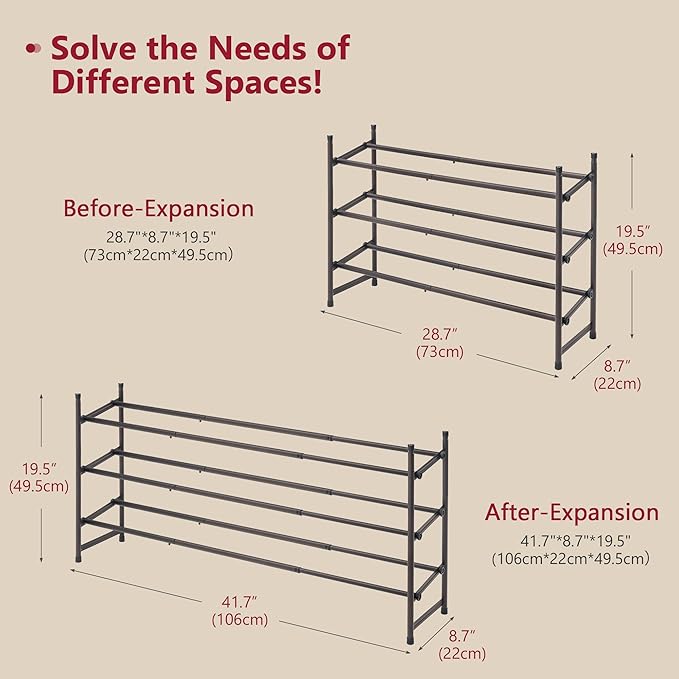 Tajsoon 3 Tier Expandable Shoe Rack for Closet, 28“-41“Adjustable & Stackable Shoe Shelf Storage, Metal Shoe Rack Organizer for Front Door Entrance, Closet, Garage, Entryway, Bronze-NeatNest