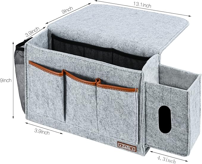 Bedside Caddy, Large Size Bedside Storage Organizer Bedside Organizer Caddy for Magazine Remotes Phone (13.4'' x 18.1'' Tissue box holder, Light Grey)-NeatNest
