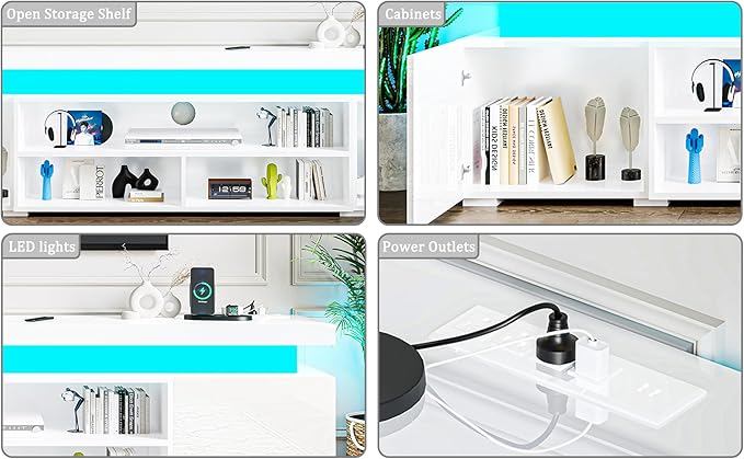 72" Modern TV Stand with LED Lights and Power Outlet for TVs Up to 80 inch, High Gloss Finish Entertainment Center, TV Console Cabinet with Storage for Living Room, White-NeatNest