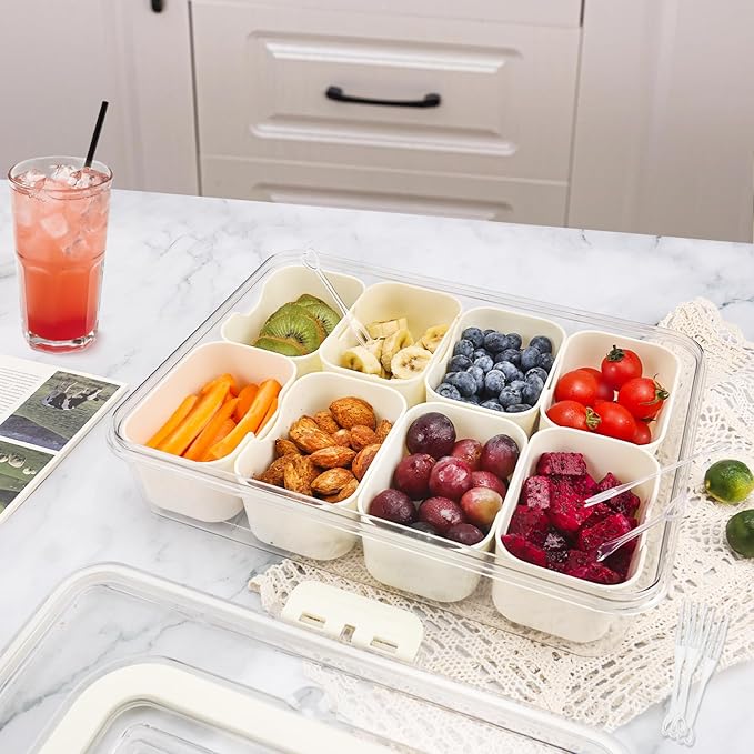 Divided Serving Tray with Lid and Handle, Snack Box Container with Fork and Spoons, Portable Charcuterie Container, Food Platter Snackle Box for Party, Veggies, Fruits, Snacks, Entertaining, Picnic-NeatNest