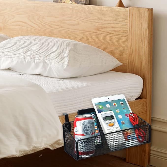 Bedside Caddy Shelf Hanging Storage Basket for Bunk Bed and Office Cubical Walls,Baby Bed Rails,College Dorm Bed Organizer - 5 Pairs Sized Hooks-for Phone Glass Magazine Decor (White)-NeatNest