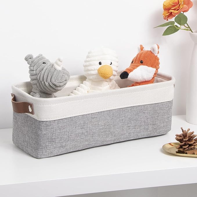DULLEMELO Fabric Bathroom Storage Bin with Leather Handles, Narrow Organizer for Towels, Toilet Paper Rolls, Storage Basket for Back of Toilet, Vanities, Shelves & Cabinets (White&Gray)-NeatNest