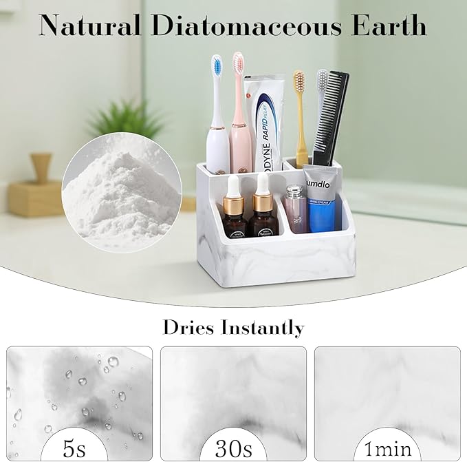 Luxspire Toothbrush Holder, Fast Drying Toothbrush Holders for Bathroom, Diatomaceous Earth Electric Tooth Brush Organizer Toothpaste Holder for Countertop Dresser, Marble White