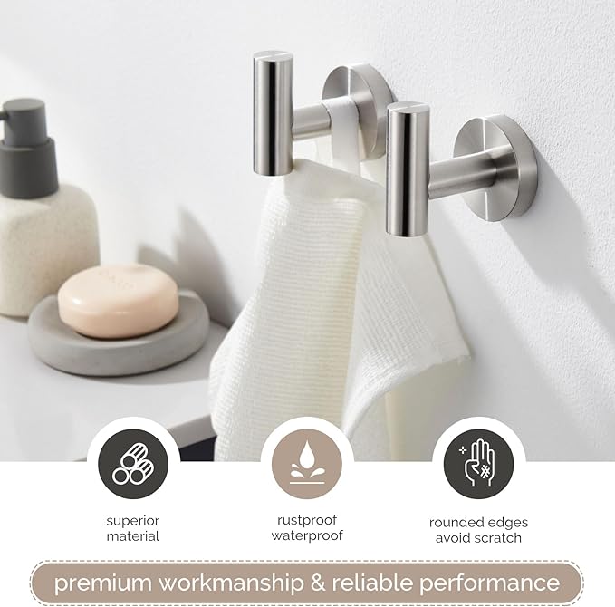 Angle Simple Bathroom Towel Hook 2 PCS, SUS304 Stainless Steel Bath Robe Holder, Modern Hand Towel Hanger Wall Mounted, Brushed Nickel