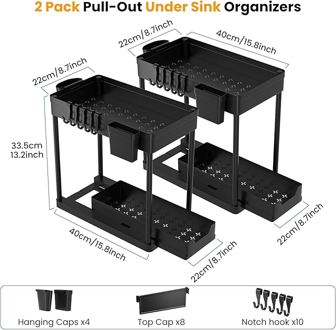 2 Pack Under Sink Organizer, 2 Tier Bathroom Organizers and Storage, Cabinet Organizer with Hook, Multi-Purpose Under Sink Organizers and Storage for Bathroom & Kitchen, Bedroom (Black)-NeatNest