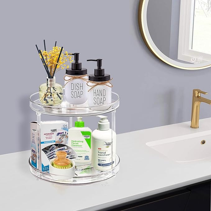 2 Tier Lazy Susan Bathroom Organizer, 9.25Inch Clear 360 Rotating Makeup Organizer for Vanity, Skincare Organizers Perfume Organizer, Spice Rack Organizer for Cabinet- Home Organization and Storage-NeatNest