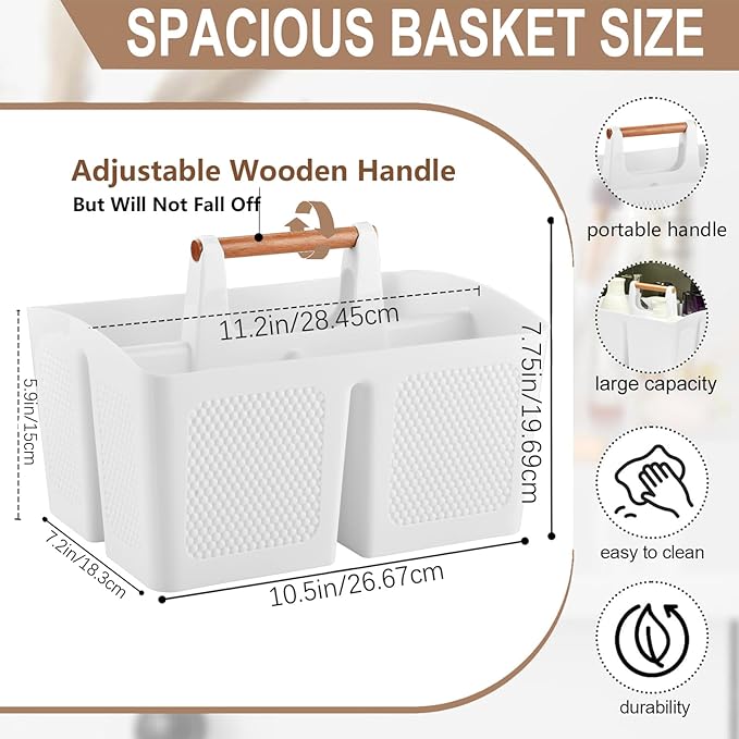 Haundry Plastic White Shower Caddy Basket with 3 Compartments, Portable Divided Bathroom Cleaning Caddy Organizer Storage Tote with Handle for Dorm, College, Room Essentials