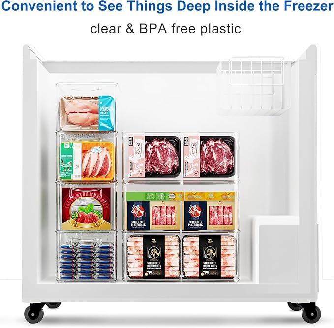 Hudgan 2 Pack Deep Freezer Organizer Bins, Straight Side Stackable Chest Freezer Storage Bins, Pantry organizers and Storage, Food-Grade Plastic