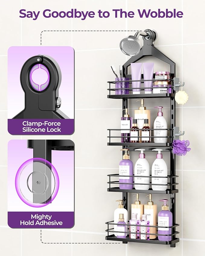 ODesign 4 Tier Height-Adjustable Shower Caddy Hanging Anti-Swing-Over The Shower Head Caddy-Sho wer Storage Organizer Bathroom Shelves Basket Caddies-Black
