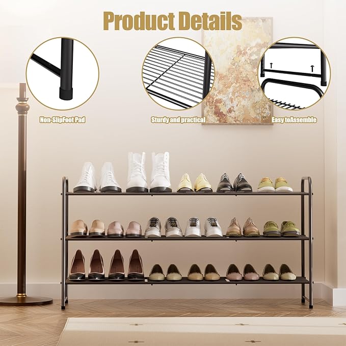 3-Tier Long Metal Shoe Rack,Extra Large Capacity Adjustable Stackable Shoe Organizer Shelf for Closet Entryway, Bedroom,Living Room, Floor,Hallway Shoe Shelf,Black 42" W × 24.5" H-NeatNest