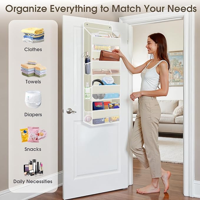 1 Pack Over The Door Organizer, Hanging Storage Organizer with Clear Window, 40lb Ultra Sturdy Large Capacity Room Organizer for Pantry Bathroom Nursery Closet Baby Essential (Beige)-NeatNest