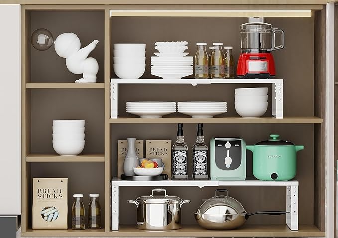 Expandable Cabinet Shelf Organizer Storage Spice Rack Shelves for Kitchen Stackable Adjustable Pantry Cupboard Bathroom Countertop Desktop(2Packs/White/Medium)-NeatNest