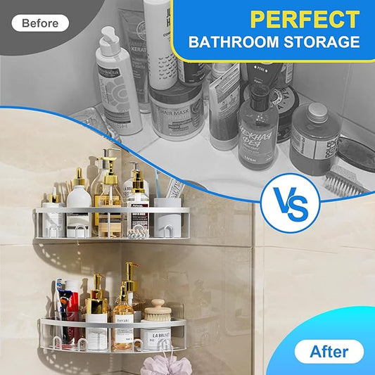 Corner Shower Caddy, 2 Pack Adhesive Bathroom Shower Corner Organizer Shelf, No Drilling Rustproof Wall Mounted Shower Storage Rack Shampoo Holder Organizer (Silver)-NeatNest