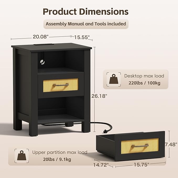 JUMMICO 26.18" End Table with Charging Station and Rattan Drawers, Farmhouse Nighstand, Wooden Storage Bedside Table, Living Room, Bedroom(1, Black Oak)