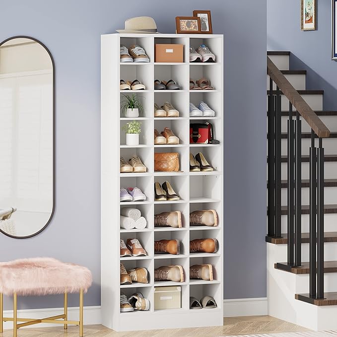 Tribesigns 10-Tier Shoe Storage Cabinet, White Wooden Shoe Rack with 30 Cubbies, Freestanding Tall Entryway Shoe Organizer for Closet, Entryway, Living Room-NeatNest