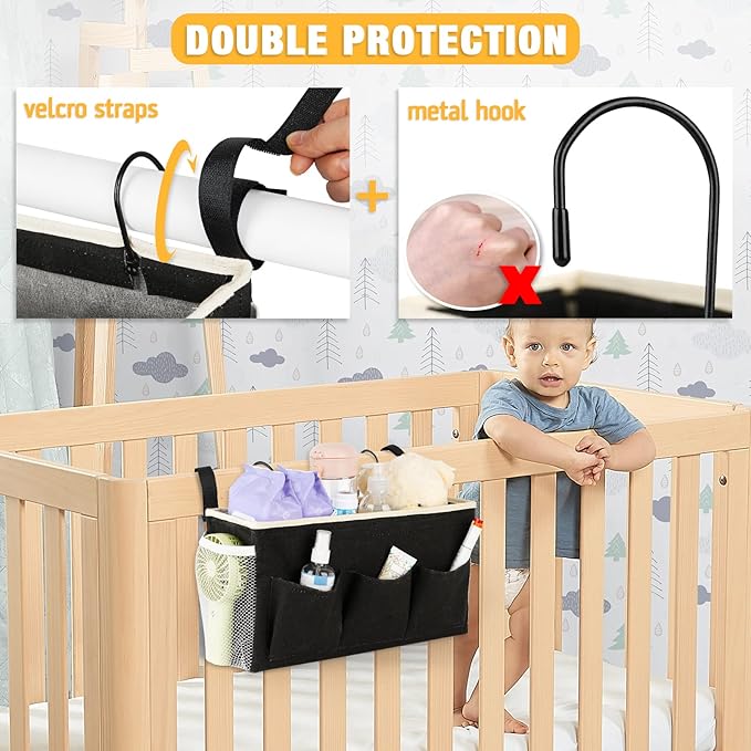 Bedside Caddy Bedside Organizer Bedside Storage Caddy with Fixed Straps and Water Bottle Holder for Home College Dorm Bunk Bed Hospital Bed Crib Bed Rails (2pcs Black)-NeatNest