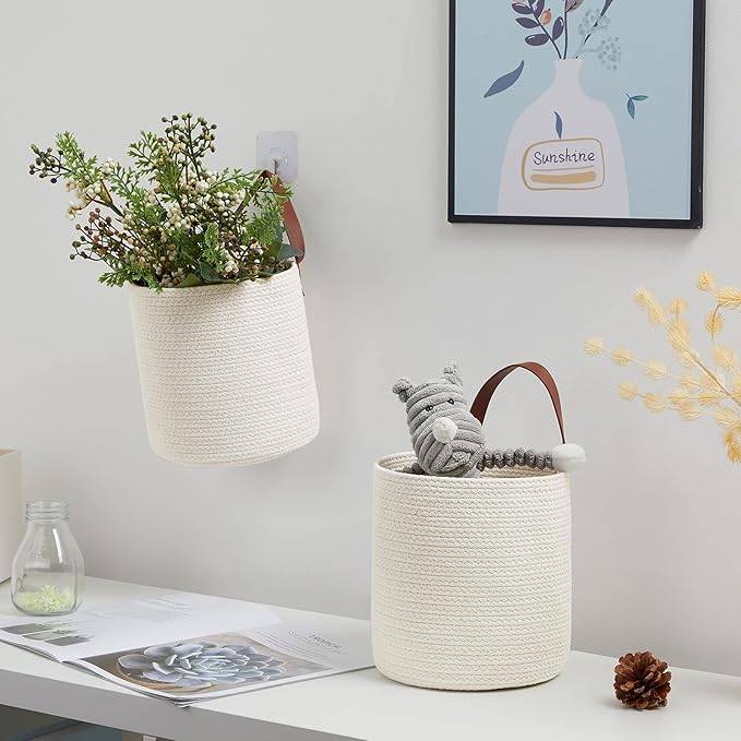 DULLEMELO Rope Hanging Baskets 2 Pack - 7"(D) x 8"(H) Small Woven Wall Storage Basket for Organizing,Hanging Decorative Baskets for Home Bedroom Office Plants (White)-NeatNest