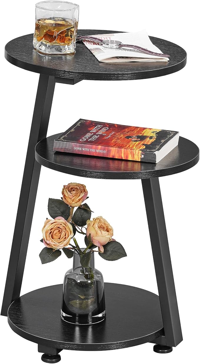 BEWISHOME Round End Table Side Table with Metal Frame, Accent Nightstand Bedside Table with 3-Tier Shelves, Small Couch Table for Living Room Bedroom Black KTZ41B-NeatNest