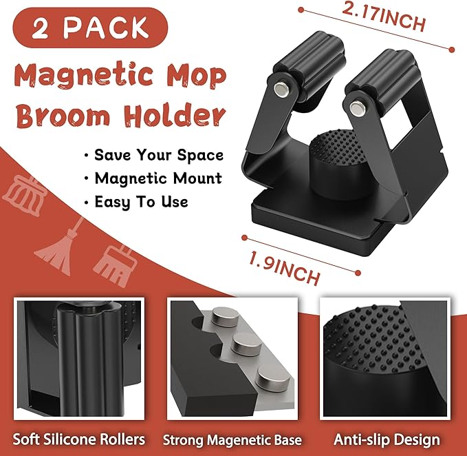 Magnetic Broom Holder,2 Pack Strong Magnetic Mount Broom and Mop Holder for Cleaning Tools,Power Non-Slip Magnetic Tool Holder Broom Hooks for Apartment RV Accessories Camper Garage Kitchen-NeatNest