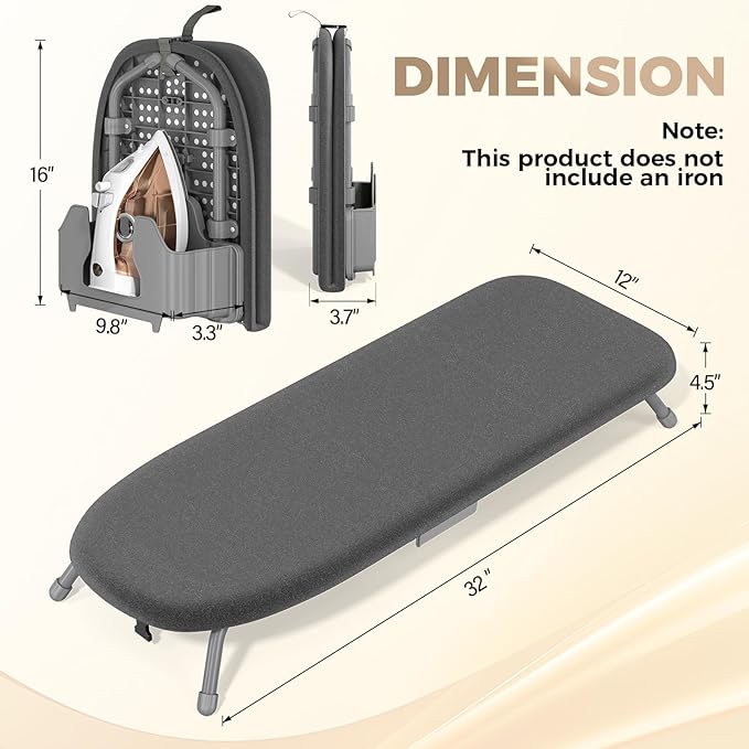 Kingboard Small Ironing Board with Iron Holder, Tabletop Iron Board with 2 Heat Resistant Covers, Portable Table top Ironing Board with Non-Slip Feet for Home Travel, 12 * 32 Black