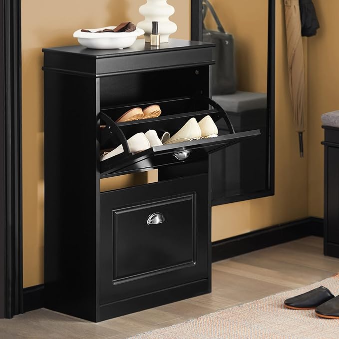 SoBuy Small Shoe Cabinet, Slim Shoe Rack 2 Flip-Drawers, Thin Shoe Storage Cupboard Organizer Unit for Entryway and Hallway, Black FSR78-SCH-NeatNest