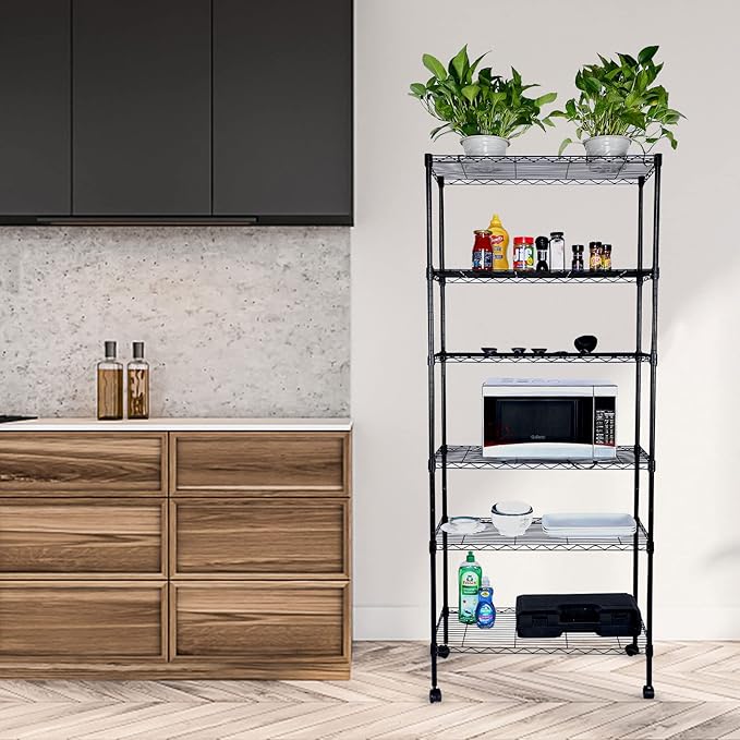 HealSmart Heavy Duty 6-Tier Shelving Units Adjustable, Wire Shelf with 1000 lbs Capacity (250 per Shelf), 77cm D x 36.5cm W x 21.5cm H, Black, 6 Levels, Storage Shelf with Wheels & Leveling Feet