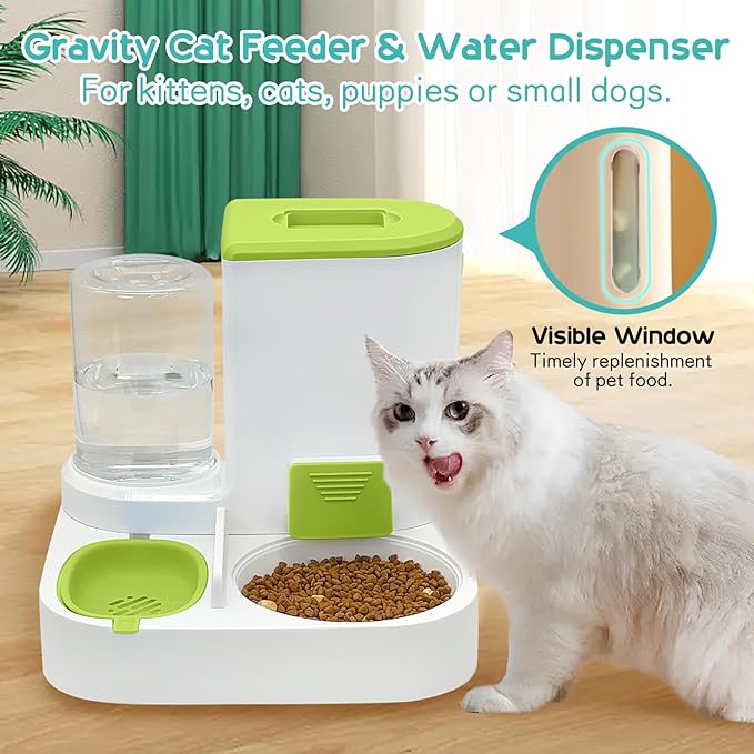 Fhiny Gravity Cat Feeder and Water Dispenser, 2 in 1 Automatic Pet Waterer Detachable Stainless Steel Food Bowls Set Pet Food Storage for Small Dog Puppy Cat Kitten Pet Easy Clean (Green)-NeatNest