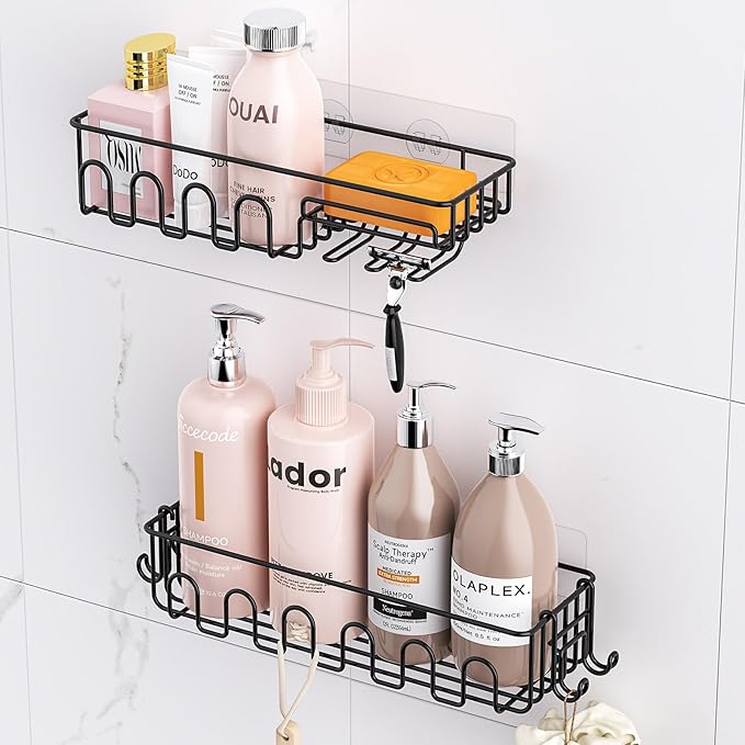 Adhesive Shower Caddy: 2 Bonus Hooks, 4-Pack Wall Mounted Bathroom Storage Shelf, Rustproof Metal Basket Organizer for Kitchen & Bathroom No Drill Black