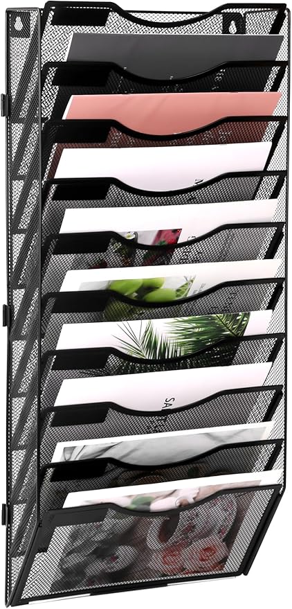 EasyPAG 10 Pocket Wall File Organizer, Black | Metal Mesh Wall Mounted File Holder | Assembly Hanging Mail Organizer | Replaceable Classify Labels | Office Home Letter Size Paper Storage