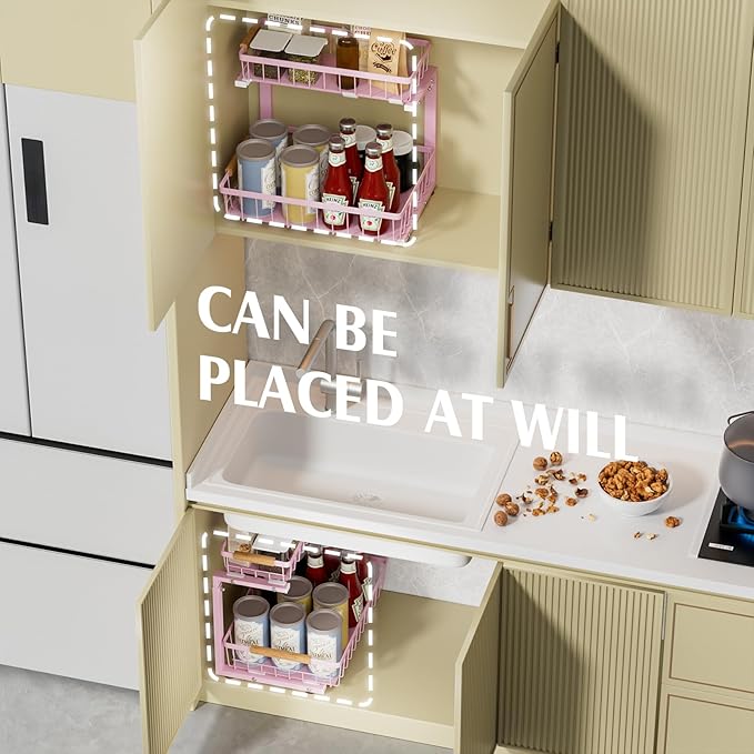 Under Sink Organizers, 2 Pack Kitchen Bathroom cabinet organizer, 2 Tier under bathroom kitchen sink organizer, Height Adjustable Bathroom Organizers and Storage, Pink-NeatNest
