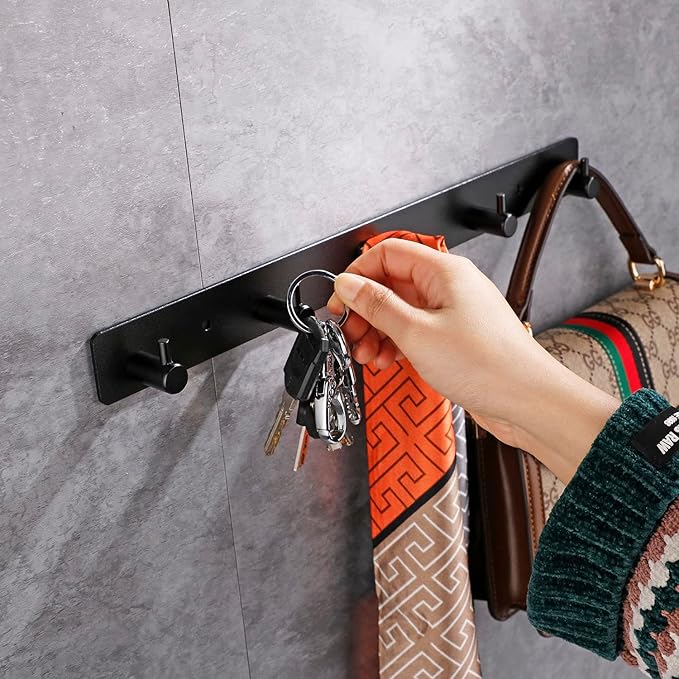 Adhesive Bathroom Black Hook Rail, 5 Matte Black Wall Key Hooks Rack Hanger Towel Robe Stick Door Hooks for Bathroom Toilet Entryway Hallway Kitchen Wall Mounted