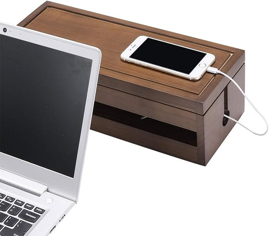 Changsuo Cable Management Box Wooden Cord Organizer Box for Extension Cord Power Stripe Surge Protector Wire Management Concealer Cover Hider for Desktop Home Office Kitchen (Brown)-NeatNest