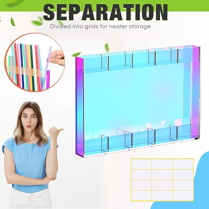 Acrylic Straw Holder for Cabinet Door with Double Sided Adhesive Tape Reusable Straw Organizer Tumbler Storage Kitchen Accessories Container for Counter Cupboard(Classic,Large,Iridescent)