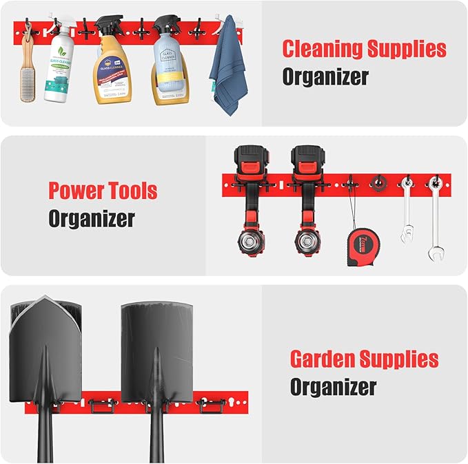 CCCEI 3 Modular Pegboard Strip Storage, Metal Peg Slat Wall Mount for Garage, Basement, Garden, Laundry Room Organization. Flexible Tool Organizer for Rake, Shovels, Crafting. Gifts for Men, Red.-NeatNest