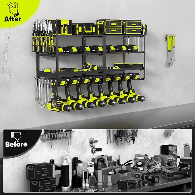 33" W Large Power Tool Organizer Wall Mount Loads 400 lbs, Heavy Duty 8 Drills Holder, 4-Tier Cordless Tool Battery Storage Shelf, Utility Racks for Garage Workshop Shed, Gifts for Men Husband