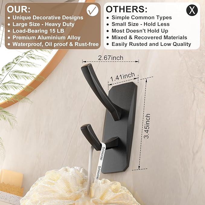 INVIHUG, Large Size Modern Adhesive Wall Hooks, Heavy Duty RV Hooks for Hanging Jacket, Coat, Towel, Robe, Loofah in Bathroom, Kitchen, Rv and Office Wall Mount (2 Packs, Black)