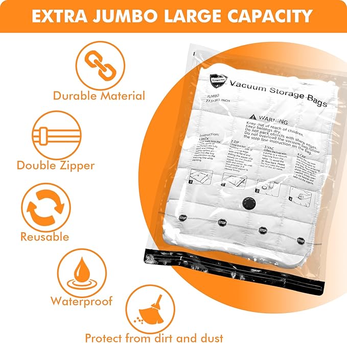 Vacuum Storage Bags (5 x Jumbo, 5 x Large), Space Saver Sealer Compression Bags with Travel Hand Pump for Blankets, Comforters, Pillows, Clothes Storage-NeatNest
