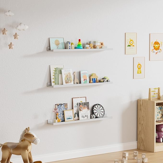 Floating Shelves for Wall, 36 inch Solid Wood Picture Ledge Shelf, Picture Shelf for Wall with Ledge, Floating Book Shelves for Living Room Bedroom Kitchen Nursery Decor, White, Set of 2