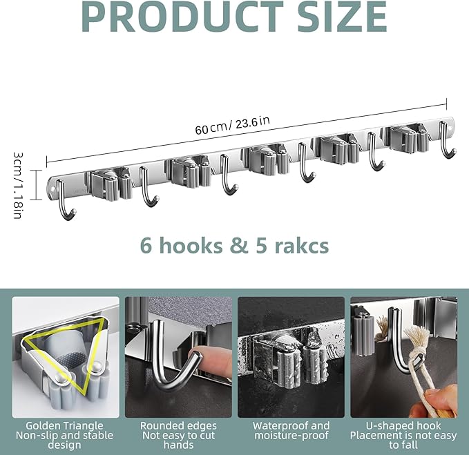 Stainless Steel Wall Mounted Storage Rack (5 Racks with 6 Hooks, Silver) for Kitchen, Bathroom, Laundry Room, Garage, Broom Cabinet, Indoor and Outdoor Use-NeatNest