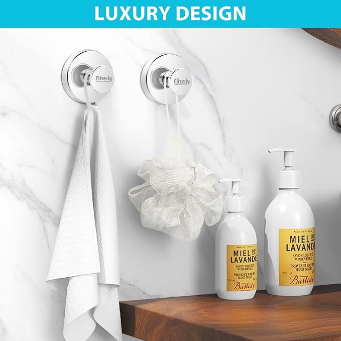 2pcs Suction Cup Hooks for Shower,Inside Shower,Wall,Bathroom,Bedroom,Kitchen,Door,Glass Window, Mirror, Tile, No Drilling Hanging for Towels,Robes,Loofah,hat,Clothing,Wreath (Chrome)