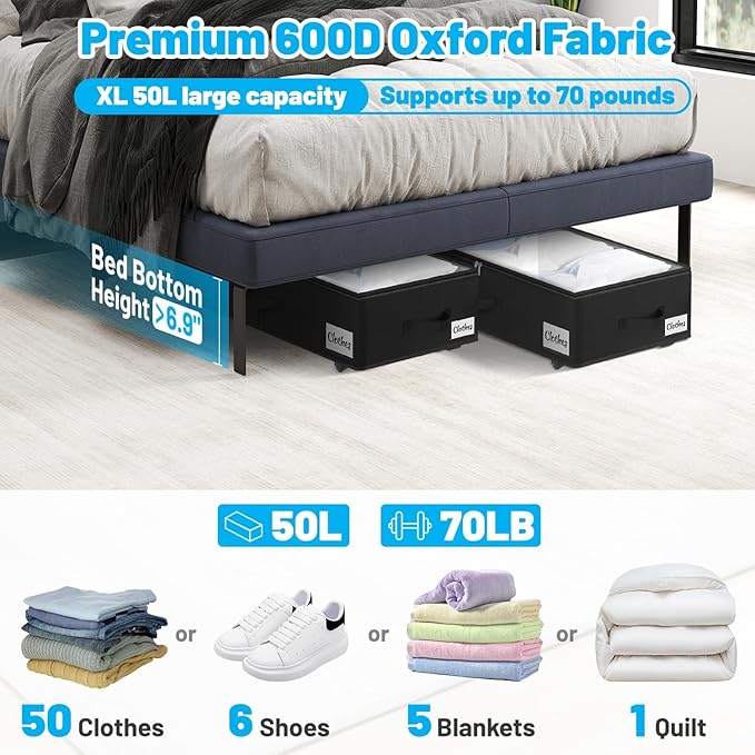 2 Pack Under Bed Storage with Wheels 6.7" Height, Rolling Storage Bins XL 50L, Underbed Shoe Storage Containers with Label & Clear Lid, Dorm Under bed Drawers for Clothes, Shoes, Quick Assembly, Black-NeatNest