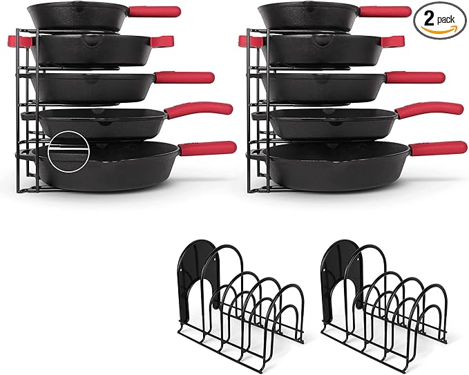 Cuisinel Pots and Pans Organizers - 2-Pack of Silicone-Coated Non-Slip 12" Heavy Duty Skillet Rack - Kitchen Organization Storage - Holds Cookie Sheets, Cutting Boards, Cast Iron Cookware, Dish Stand-NeatNest